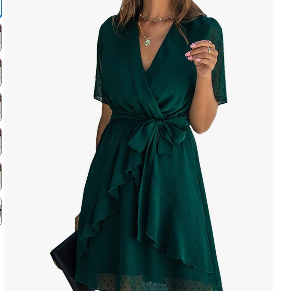 EUC Women Green V neck A line Flowy Wrap 3D Dot Dress Ruffle Hem size M